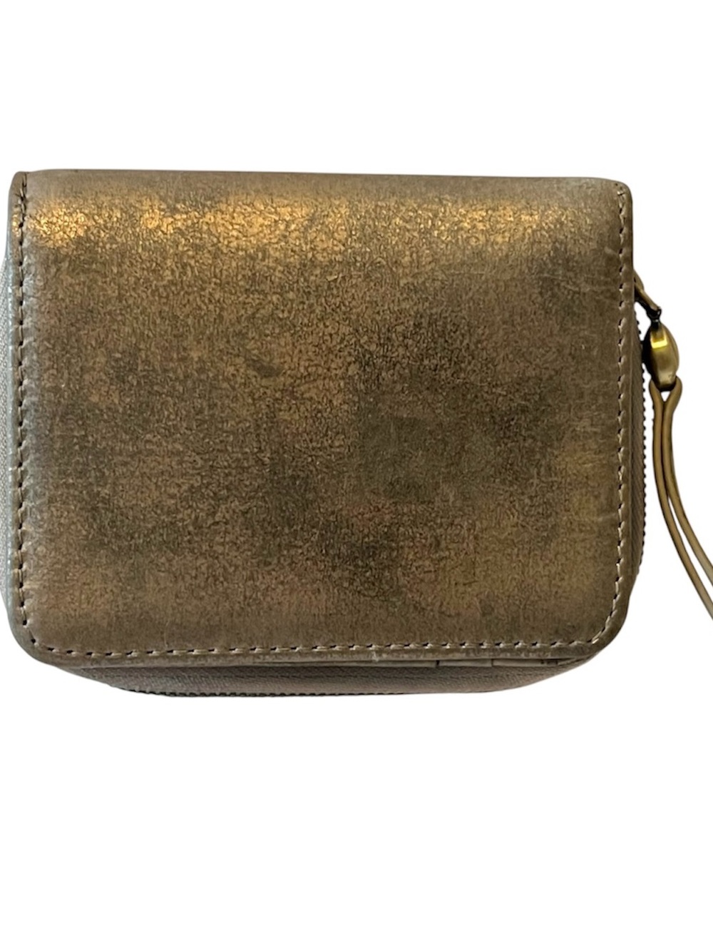 HOBO Leather Wallet Compact Bifold Gold Gray Metallic Zip Around ID Window Cards